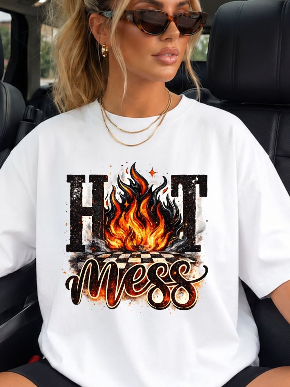Graphic Shirt Hot Mess Funny Trendy Short Sleeve Tee Womens Tops White